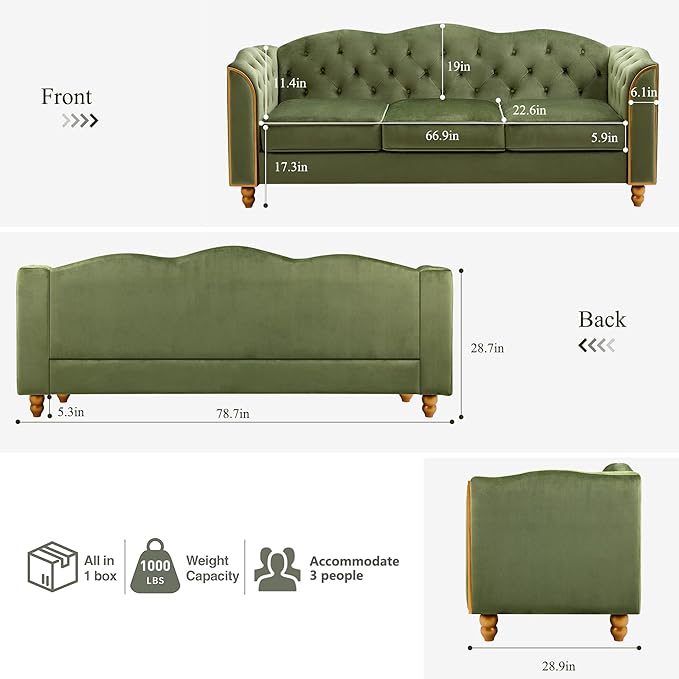 HITHOS 78 Velvet Sofa Couch Soft 3 Seater Sofa Couche for Living Room Button Tufted Comfy Couch Modern Sofa with Upholstered Cushion Gold Trim Solid Wood Legs for Dorm Bedroom Apartment Green
