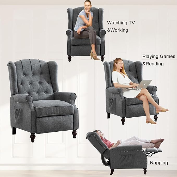 Push Back Recliner Mid-Century Modern Accent Chair Reading Chairs Set of 2 Tufted Fabric Arm Chair for Living Room w/Heat Massage/Side Pockets (2 PC Gray)