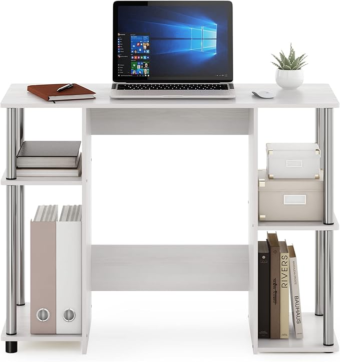 Furinno JAYA Desk 38.4 Wide Gaming Desk Computer Study Desk Office Desk with Side Shelves Open Storage for Home Office Bedroom Dorm Study Room White Oak/Stainless Steel