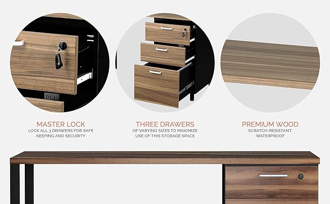 Modern Design Milano Office Computer Desk with 3 Locking Drawers 48 Inch Walnut and Black Industrial Wood Desk with Filing Drawer and Storage by Crafts and Comfort