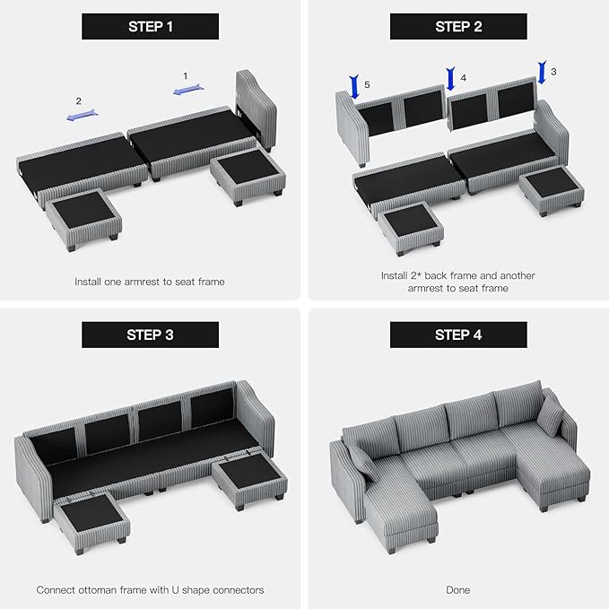 Belffin U Shaped Couch with Reversible Chaises Sectional Couches for Living Room Sectional Couch with Ottomans Corduroy (Light Grey U Shaped)