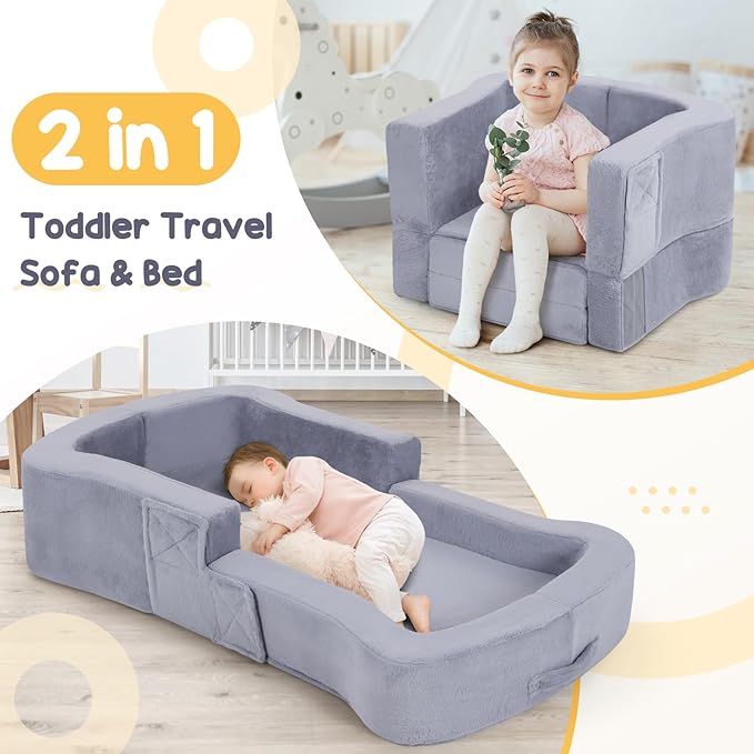 Toddler Travel Bed 2-in-1 Foldable Portable Toddler Bed Sofa Chair Soft Baby Kids Travel Floor Cot with Washable Covers Safety Foam Raised Bumper for Camping Hotel Sleeping (Grey)