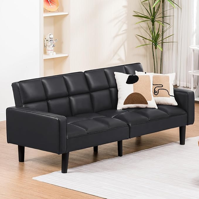 COMHOMA 76 inch Futon Sofa BedMid Century Modern Futon Couch with Adjustable BackrestFabric Convertible Sofa CamaFolding Sleeper Sofa for Living RoomBedroom (Black)