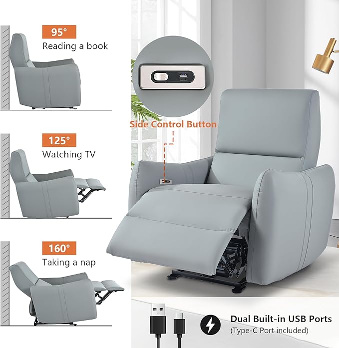 Electric Power Recliner Wall Hugger Electric Recliner Chairs with USB Ports Sofa PU Leather Recliner for Living Room/Small Spaces