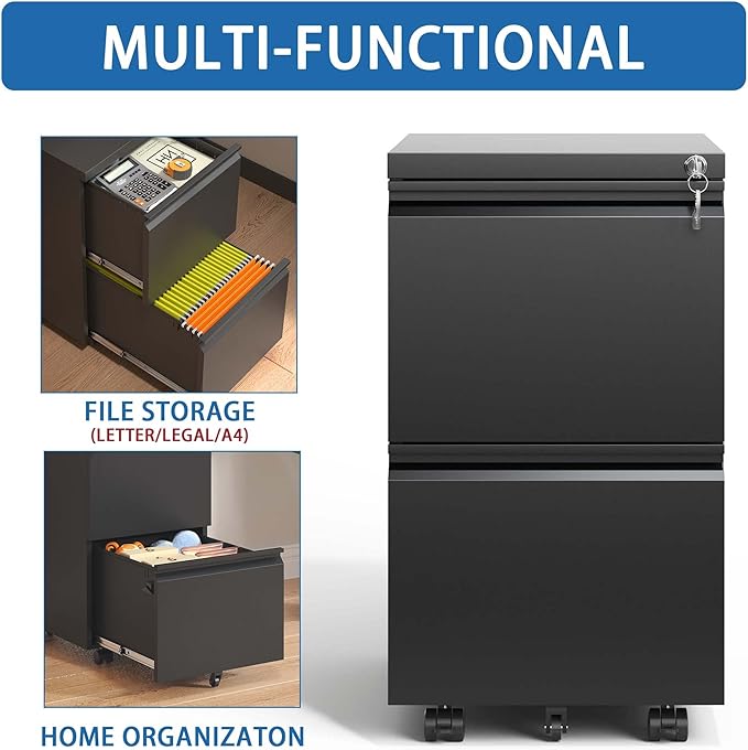 2-Drawer Mobile File Cabinet - Metal with Lock Brakes Compact 5 Casters Fully Assembled Except Wheels Rolling for Legal Letter A4 Size Hanging Folders Home Commercial Office (Black)