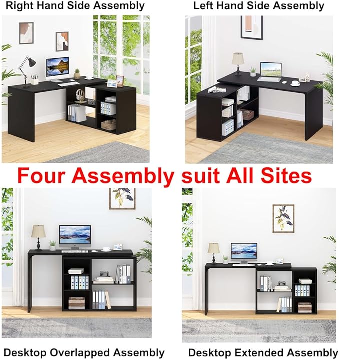 HSH Black L Shaped Computer Desk Corner Desk with Storage Cabinet Shelves Reversible Industrial Wood Executive Workstation L-Shaped Home Office Table for Work Study Writing Gaming 55 Inch