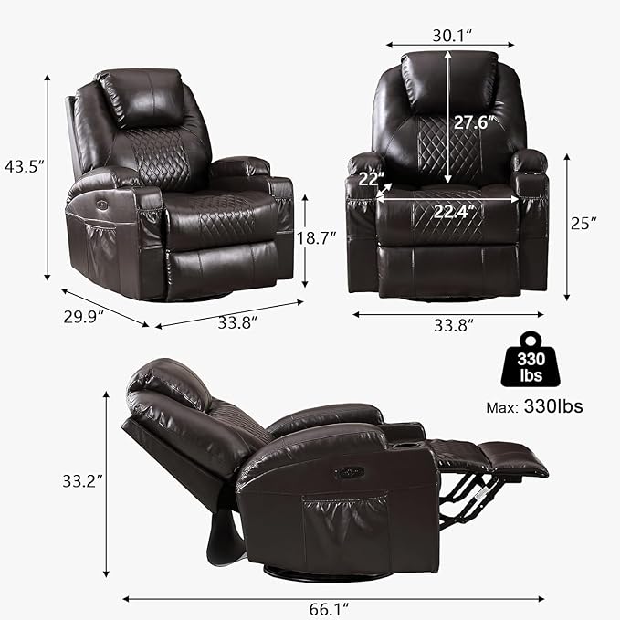 Power Swivel Rocker Recliner Chair with Vibration Massage 270° Swivel &amp LED Lights Electric Glider Reclining Sofa USB A/C Ports &amp Storage Pocket for Living Room (1 Brown)