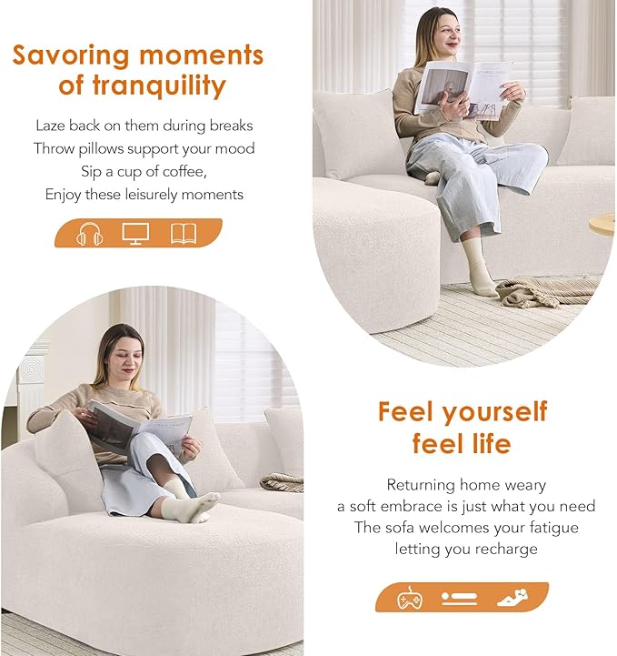 Curved Sectional Sofa Couch Oversized L Shape Deep Seat Cloud Couch Modern Chenille 4-Seater Sofa with Chaise No Assembly Required Couches for Living Room Apartment Office Beige White