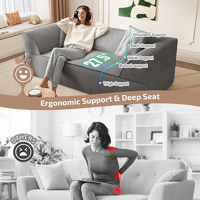 3-in-1 Convertible Sofa Bed 3-seater Boneless Futon Couch with Adjustable Backrest and Armrests Chenille Chaise Lounge Sofa with Pillows Floor Sleeper Loveseat for Living Room Reading Room Grey