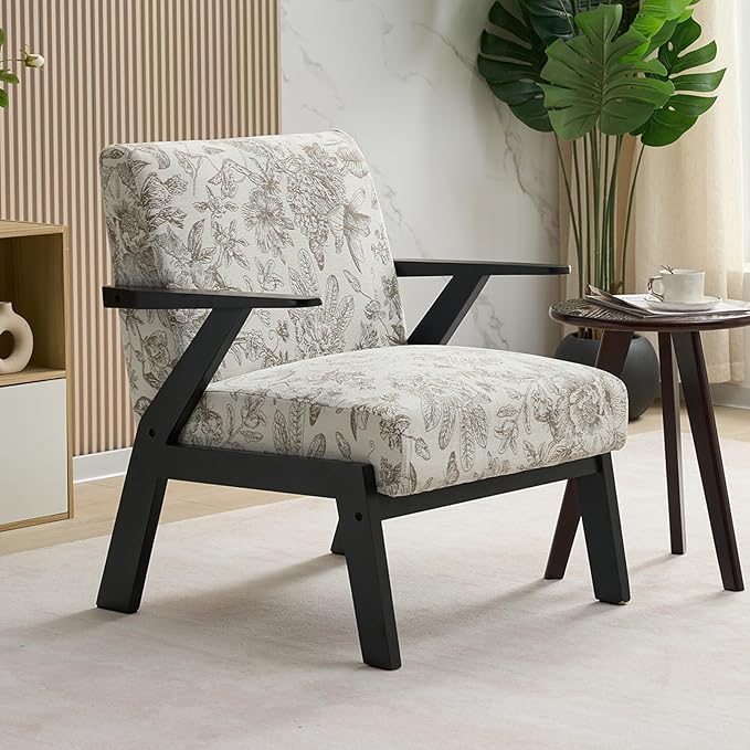 Furniliving Refined Texture Wooden Accent Chair for Living Room Upholstered Embroidery Lounge Chair with Solid Wood Frame Comfortable Reading Armchairs for Bedroom