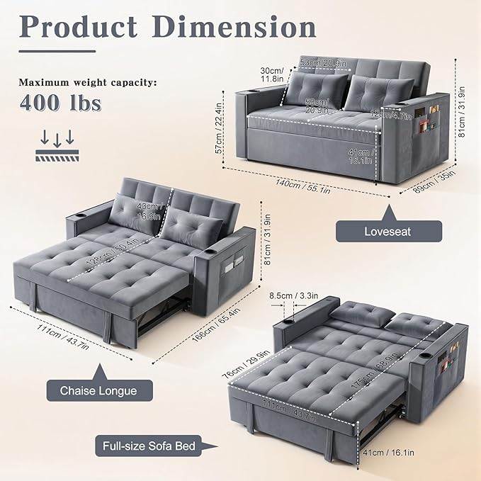 68 3-in-1 Convertible Sofa Bed Adjustable Backrest Pull Out CouchLoveseat Sleeper Bed with Charging Station Cup Holder 2 Pillows Side Pockets for Living RoomGuest Bedroom Apartment