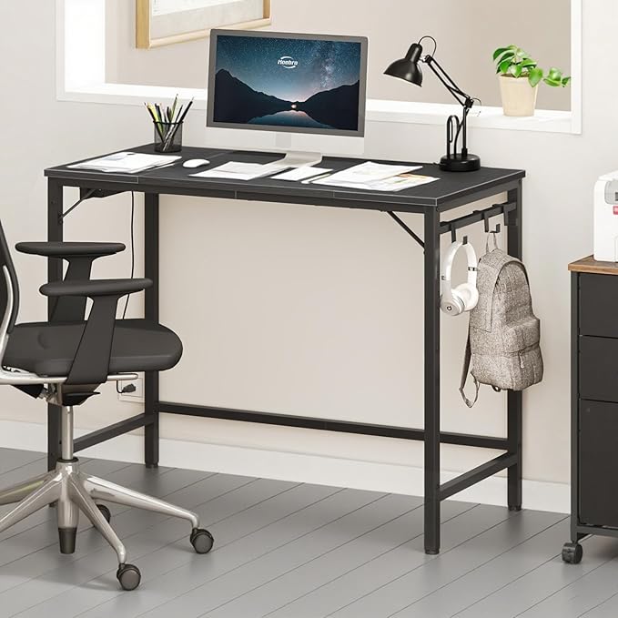 HOOBRO Computer Desk Home Office Desk with Power Outlet Modern Study Writing Desk with 3 Hooks for Study Room Home Office Sturdy and Stable Easy to Assemble Black BB40UDN01
