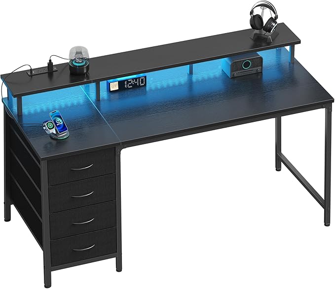 DUMOS Computer Desk with 4 Drawers4 Drawer Gaming Desk with with Power Outlets and LED LightsOffice Desk for Small Spaces with Monitor ShelfWriting Desk for Home Office BedroomStudy 39 Inch Black