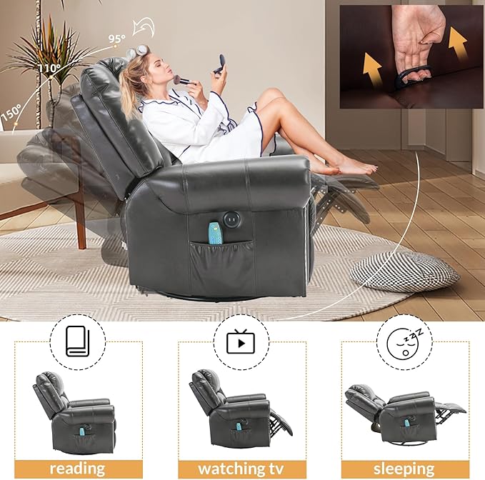 Manual Massage Recliner with Heating Function 360° Swivel Glider Rocking Recliner Chair for Living Room Ergonomic Single Sofa Chair with Remote Control/USB Ports/Side Pockets(Gray)