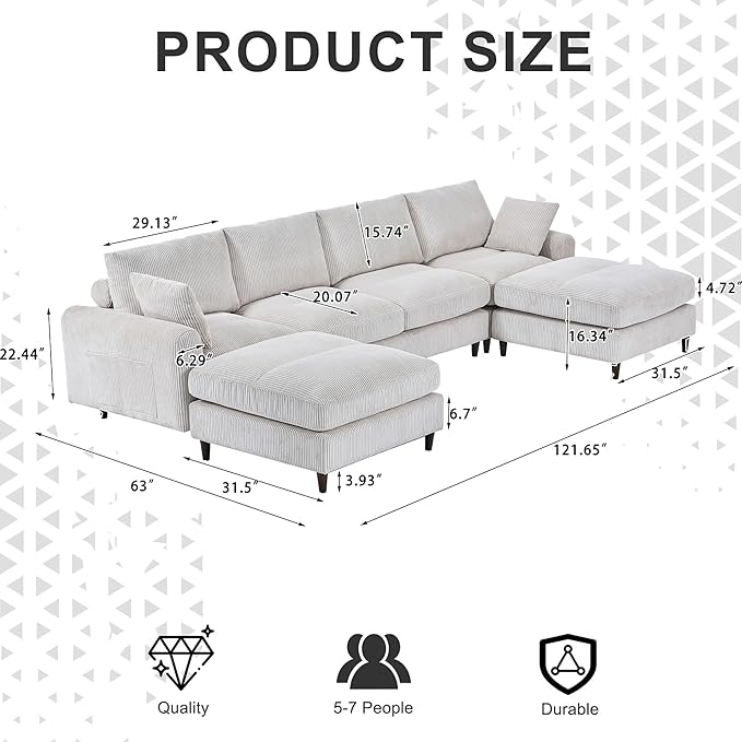 Anwick 126 L-Shaped Modular Sectional SofaModern Corduroy Fabric Sofa Couch with Movable Ottoman4 Seat Convertible Sleeper Sectional Couches for Living Room Home Office (Beige 122 U-6 Seater)