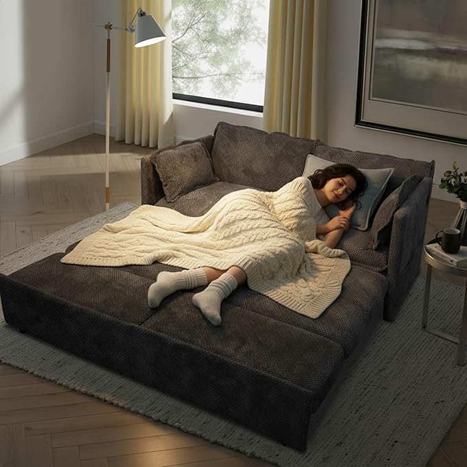 King Size Pull Out Sleeper Sofa Bed Convertible Corduroy Futon Couch with USB Ports &amp Storage Pockets Large Upholstered Loveseat Guest Bed for Living Room Grey