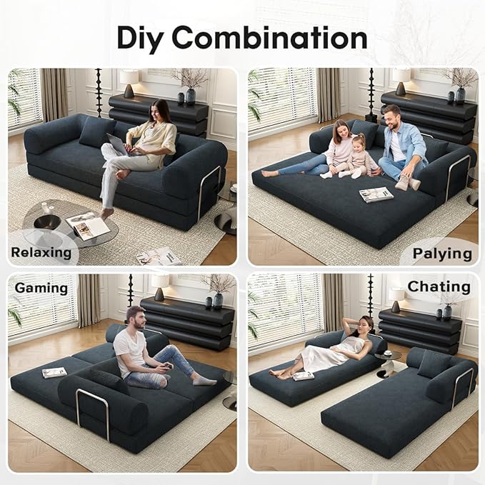 78.8 Modular Sofa Bed - 4-in-1 Convertible Design with Corduroy Fabric and High Density Sponge Removable Cover and Fixed Frame