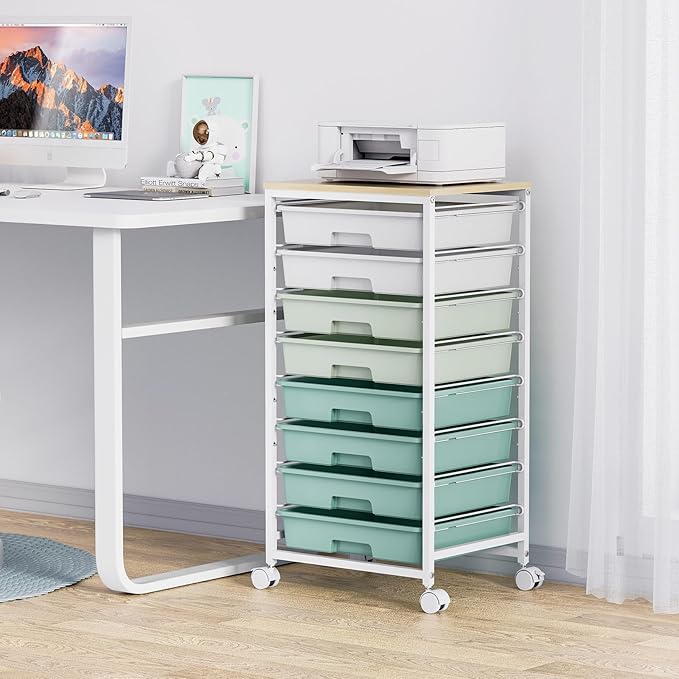Rolling Storage Utility Cart Organizers with 8 Drawers and Wooden Tabletop for Living RoomOfficeClassroomCraft RoomBedroomDormGreen