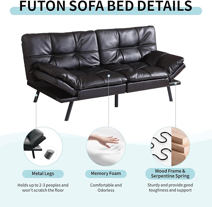 MUUEGM Futon Sofa Bed CouchConvertible Futon Sofa CouchLoveseat Sleeper Sofa BedModern Sofa Bed for Living RoomOfficeApartment71″Fabric Futon Couch with Adjustable BackrestJet Black