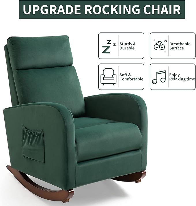 AVAWING Upholstered Rocking Chair Comfortable Glider Rocker with Solid Wood Legs High Back Modern Rocker with Side Pocket for Nursery Living Room and Bedroom Green