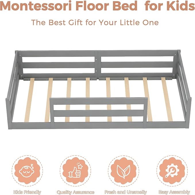 Twin Size Floor Bed for Kids Toddler Floor Bed with Safety Guardrails Solid Wood Montessori Bed Frame