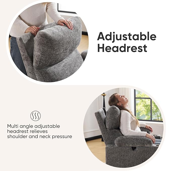 Swivel Rocker Recliner with Adjustable Armrests Rocking Nursery Chair with Adjustable Headrest Cup Holder Manual Recliner Nursing Chair for Breastfeeding Chenille Dark Grey