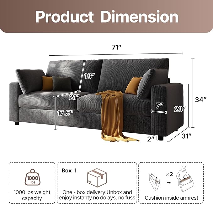 71” Loveseat Sofa Mid Century Modern Decor Love Seat Couches for Living Room Linen Fabric Deep Cushions Couch for Bedroom Solid and Easy to Install Love Seats Furniture (Blue Gray 71 Inch)