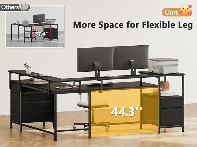 Furologee 66 Reversible L Shaped Gaming Desk with 6 Drawers &amp Printer Storage Shelves Corner Computer Desk with Power Outlets &amp LED Lights Home Office Table with Monitor Stand Black