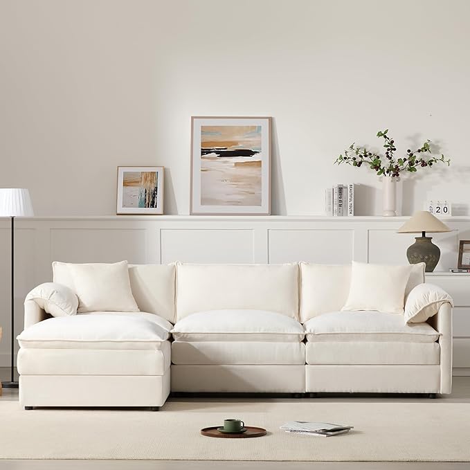 roomfitters 103 Chenille Sectional Sofa L Shaped Cloud Couch with Deep Wide Seat 4 Seat Sofa with Ottoman White