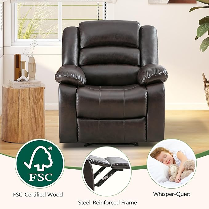 ANJ Manual Recliner Chair Breathable Faux Leather Reclining Chairs with Overstuffed Arm and Back Living Room Single Sofa Recliners (Dark Brown)