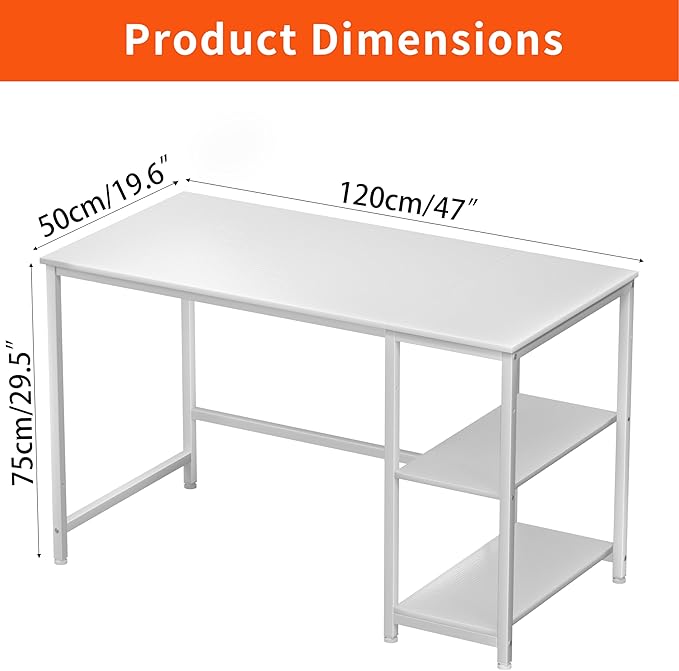 JOISCOPE Home Office Desk with Double Reversible Side Shelves and Headphone Hooks Small Computer Desk for Working Gaming Studying 48 inches White