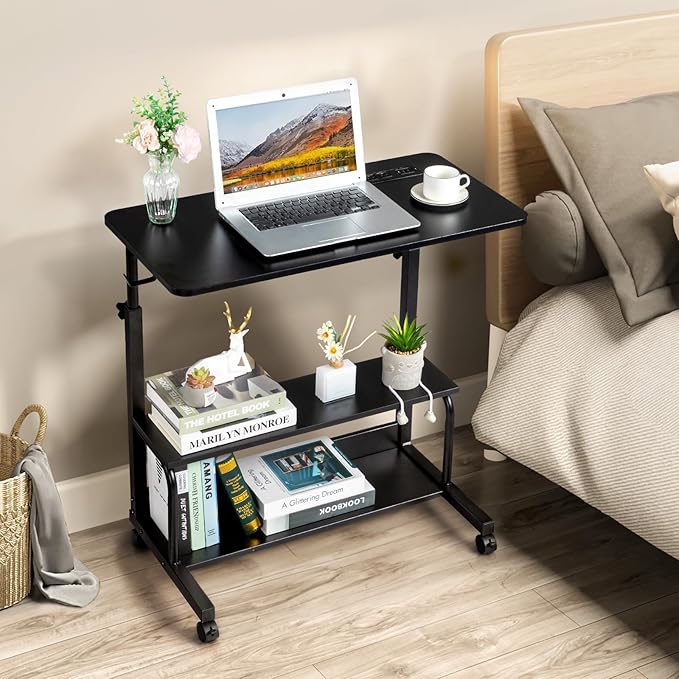 Wooden Adjustable Height Portable Laptop DeskMobile Rolling Computer DeskSofa Bedside Laptop TableHome Office Laptop Workstationwith Power Outletsfor Small Spaces Bedroom Apartment (Black)