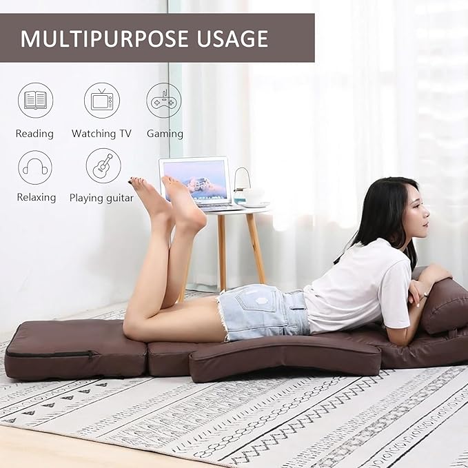 FLOGUOR 14-Position Adjustable Floor Chair Chaise Lounge Indoor Folding Lazy Sofa with Armrests and a Pillow Padded Adults Gaming Chairs for Living Room Bedroom Factory Price8803 (Coffee(PU))