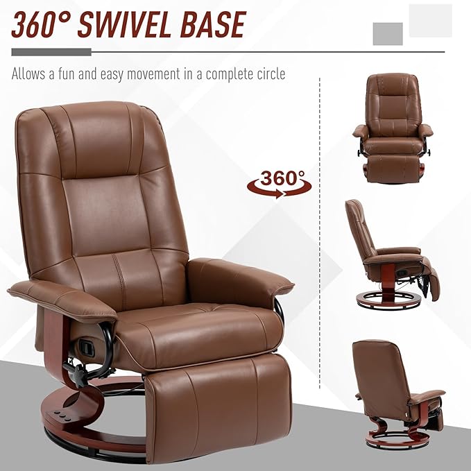 HOMCOM Faux Leather Manual Recliner Adjustable Swivel Lounge Chair with Footrest Armrest and Wrapped Wood Base for Living Room Brown