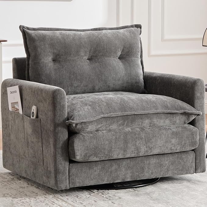 Oversized Swivel Chair 36 Chenille Swivel Armchair Accent Chair for Living Room Mid Century Modern Comfy Thick Padded Arm Chairs Grey