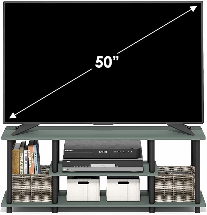 Furinno Turn-N-Tube TV Stand 3-Tier Open Frame Rectangular Entertainment Center with Storage Shelf TV Console for TV up to 50 Inch Toolless Assembly for Living Room Bedroom Sage Green