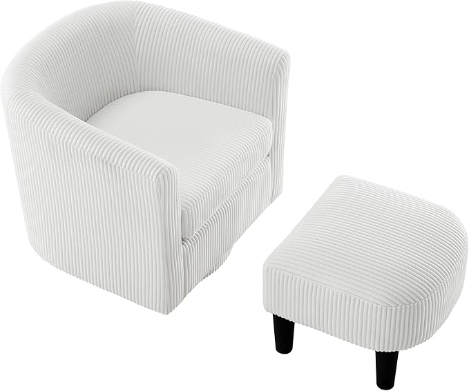 Corduroy Swivel Accent Chair with Ottoman Round Barrel Chair with Armrest Comfy Reading Chair for Living Room Bedroom Office (White)