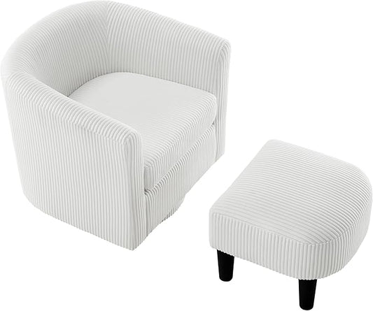 Corduroy Swivel Accent Chair with Ottoman Round Barrel Chair with Armrest Comfy Reading Chair for Living Room Bedroom Office (White)