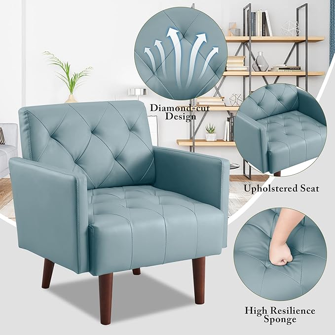 Faux Leather Accent Chair Modern PU Armchair Retro Tufted Upholstered Arm Chair Comfy Leather Club Chair Single Sofa for Living Room Bedroom Reading Room Apartment (Blue)