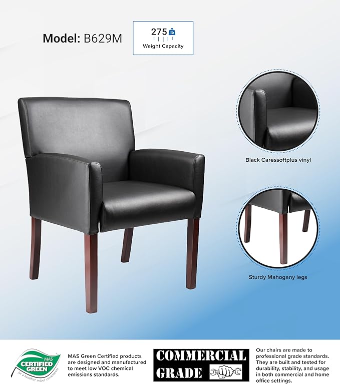 Boss Office Products Reception Box Arm Chair with Mahogany Finish in Black (B629M)