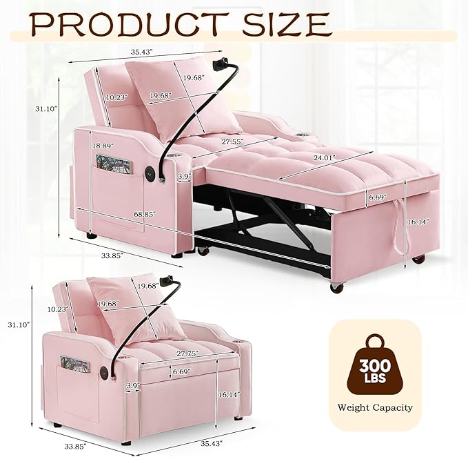 KINFFICT Sleeper Sofa Chair Bed Convertible 3-in-1 Sofa Armchair Adjustable Sleeper with Pullout Bed Single Lounger Futon with Side Pockets for Living Room (Pink)