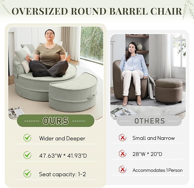 47.63'' Oversized Accent Barrel Chair with Ottoman Modern Round Boneless Idoor Chaise Lounge Chair and A Half Comfy Velvet Compression Large Reading Armchair with 5 Pillows for Living RoomGreen