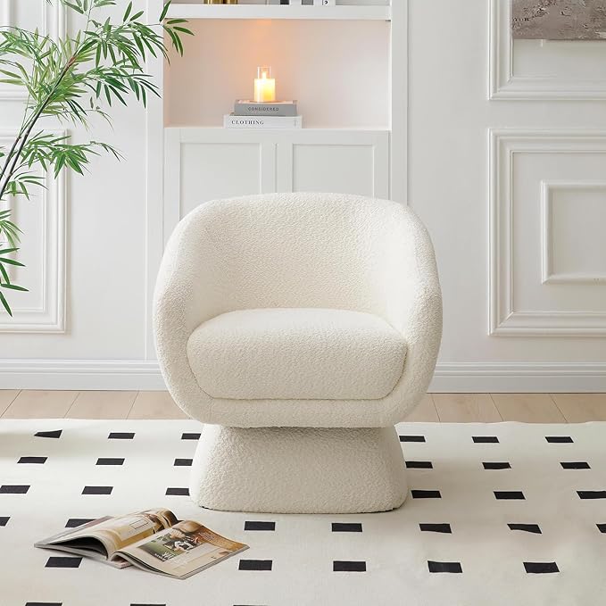Modern Oversized 360° Boucle Swivel Barrel Chair with ArmrestsComfy Accent Lounge Chair for Living RoomBedroomApartmentSmall SpaceOffice (White)