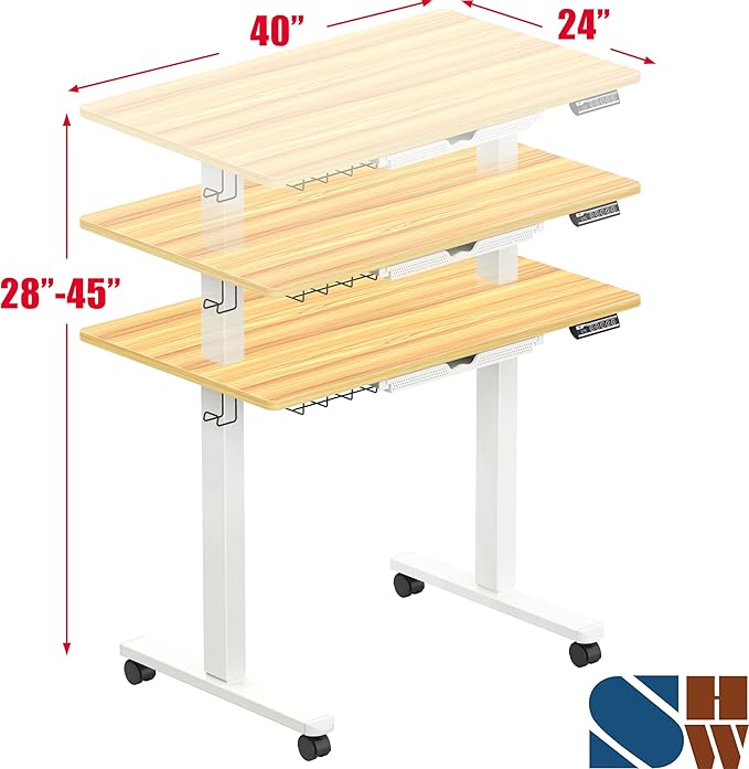 SHW 40-Inch Mobile Electric Height Adjustable Sit to Stand Desk with Drawer Hanging Hooks and Cable Management Oak