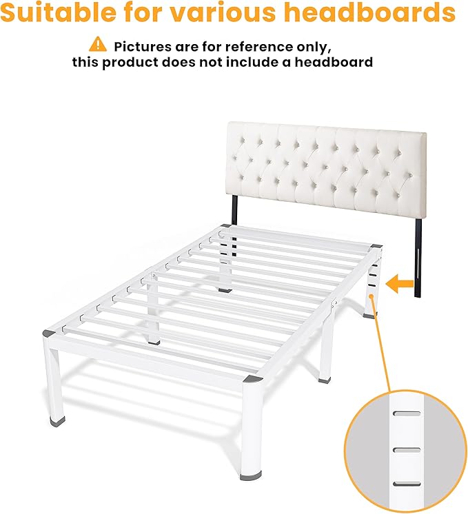 14 Inch Twin Bed Frame Metal Platform Bed Frame with Round Corner Legs 3500 lbs Heavy Duty Steel Slats Support No Box Spring Needed Noise Free Easy Assembly White