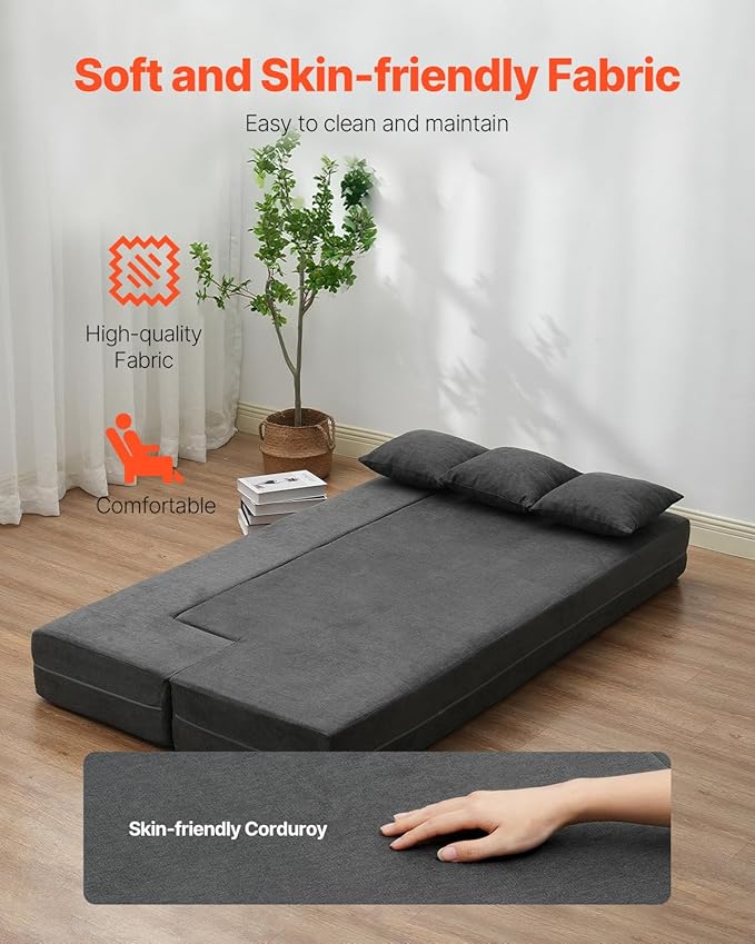 VEVOR Folding Sofa Bed 3-in-1 Foldable Couch Bed with 3 Pillows and Washable Cover 25D High Density Memory Foam Convertible Sleeper Chair Bed Futon Couch Dark Grey(Twin XL)