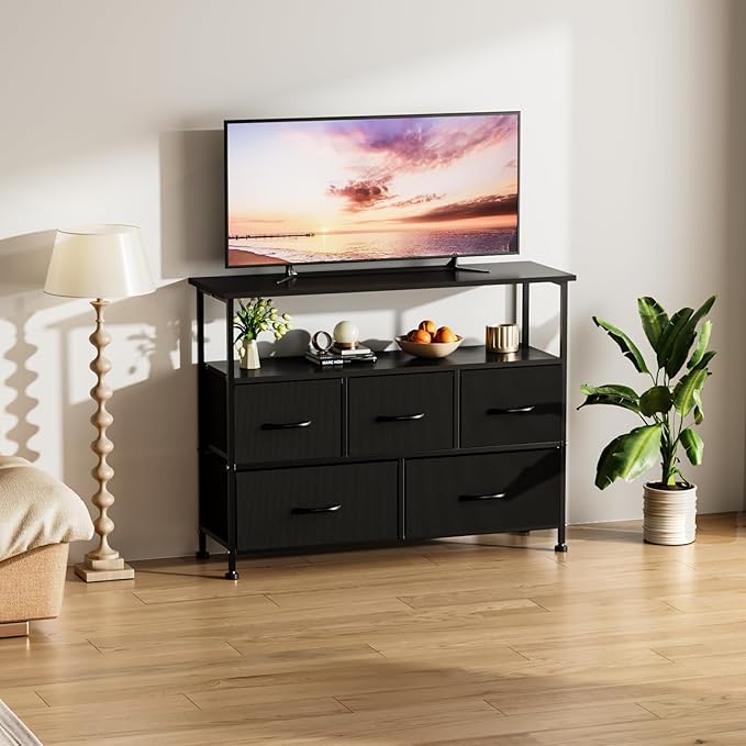 Simple Deluxe TV Stand Dresser for Bedroom Entertainment Center with 5 Fabric Drawers Storage Organizers Units for Living Room Media Console Table with Open Shelf up for 45 TV Black Wood top