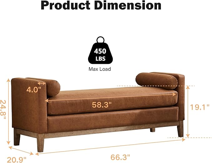 Chifee &amp Vingol 66 End of Bed Bench King Size Upholstered Leather Bench for Bedroom Entryway Brown