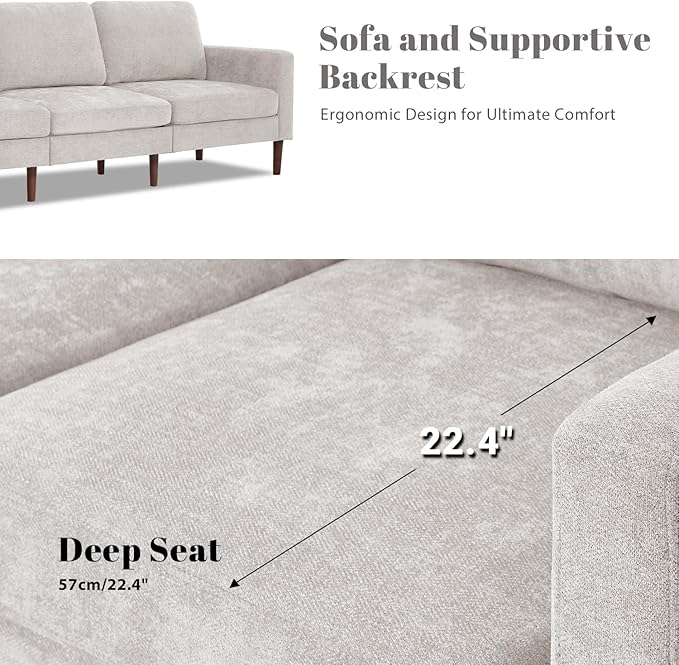 Kingfun 3 Seater Sofa with Loveseat and Chair Chenille Couch Mid Century Modern Couches with Solid Wood Legs for Living Room &amp Bedroom Grey