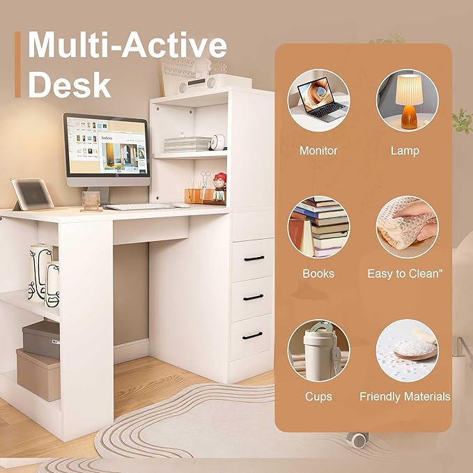L Shaped Desk with Power Outlets &amp LED Lights Computer Desk with Drawers &amp Bookshelf Modern Corner Desk for Home Office Study Gaming Table Writing Workstation (White-New)